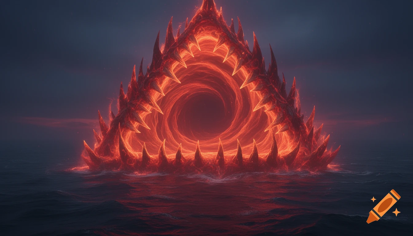 A colossal, fiery red triangular maw with jagged spires emerges from a dark ocean, revealing a swirling portal at its center. Dark fantasy.