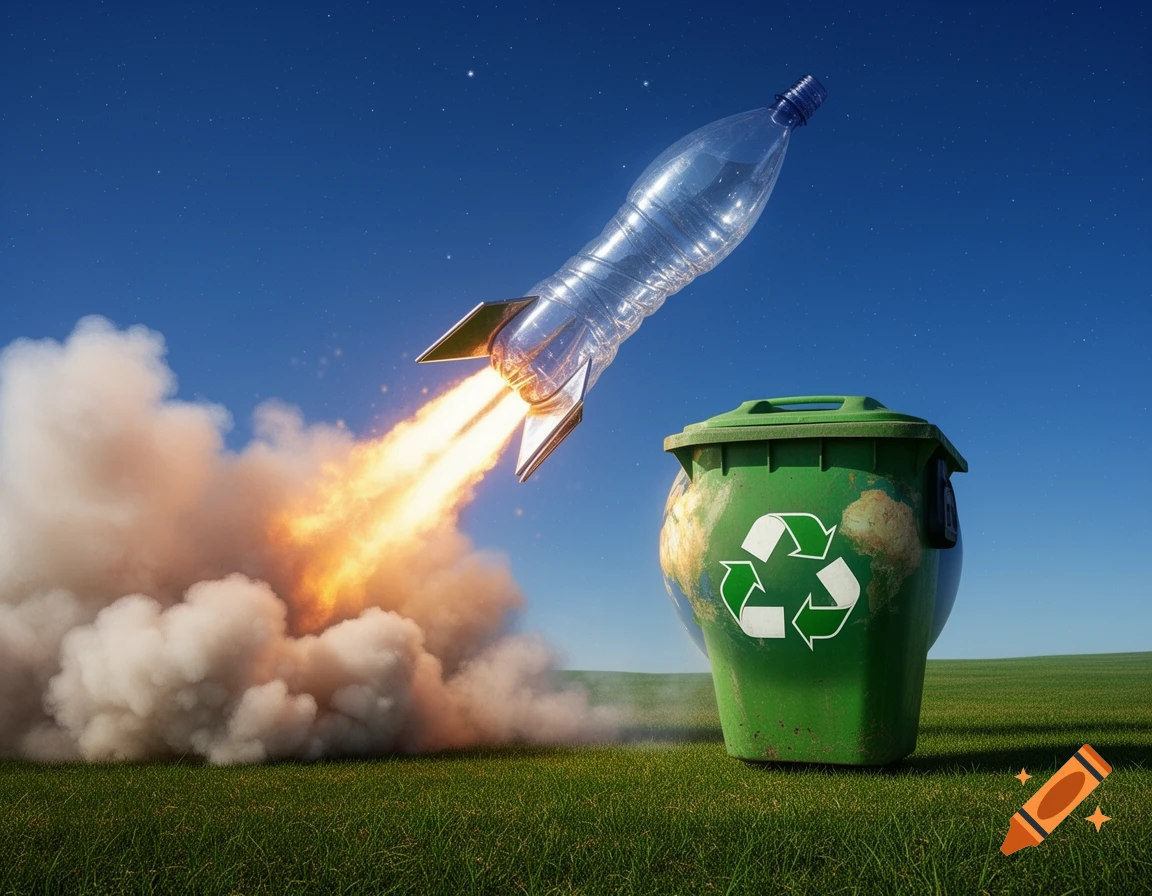 A plastic bottle rocket launches from a grassy field next to a globe-shaped recycling bin under a blue sky.