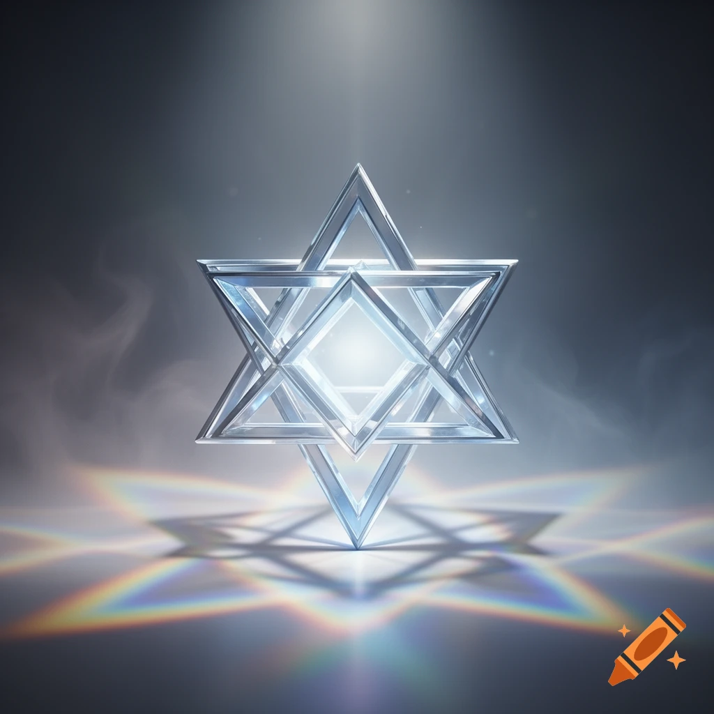 A glowing, crystalline Merkaba symbol suspended in a smoky grey background with iridescent light reflections below.