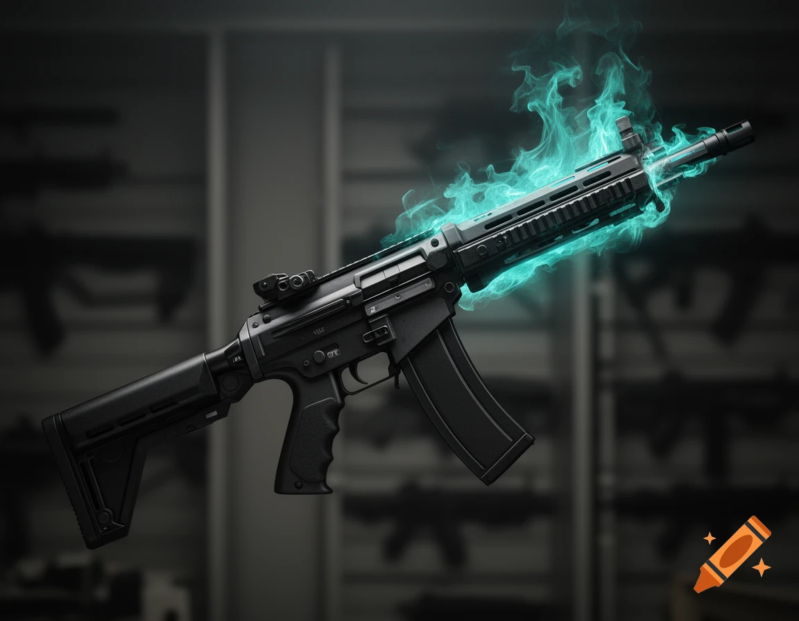 A black tactical rifle with glowing turquoise smoke and fire around its barrel and handguard, set against a dark, blurred background.
