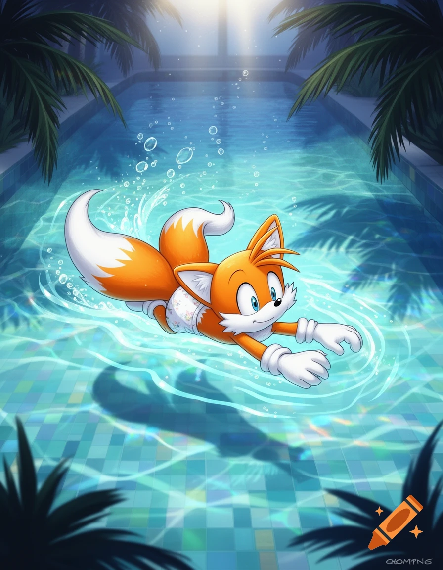 Tails the Fox, a yellow and white cartoon character, swims underwater in a tiled pool, wearing a white diaper, with palm trees visible above the water.