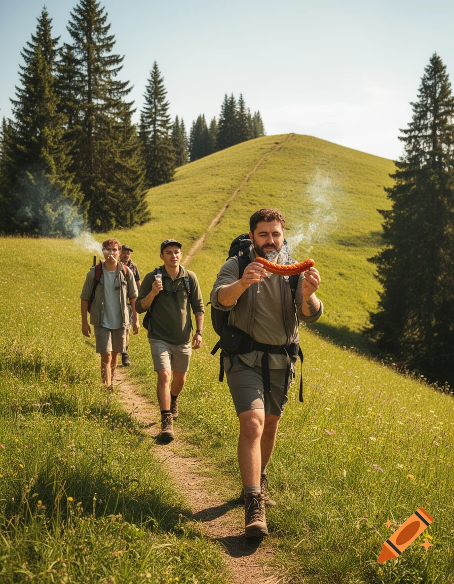 Photorealistic image of men hiking on a sunny, grassy hill, one holding a smoking sausage and another smoking in the background.