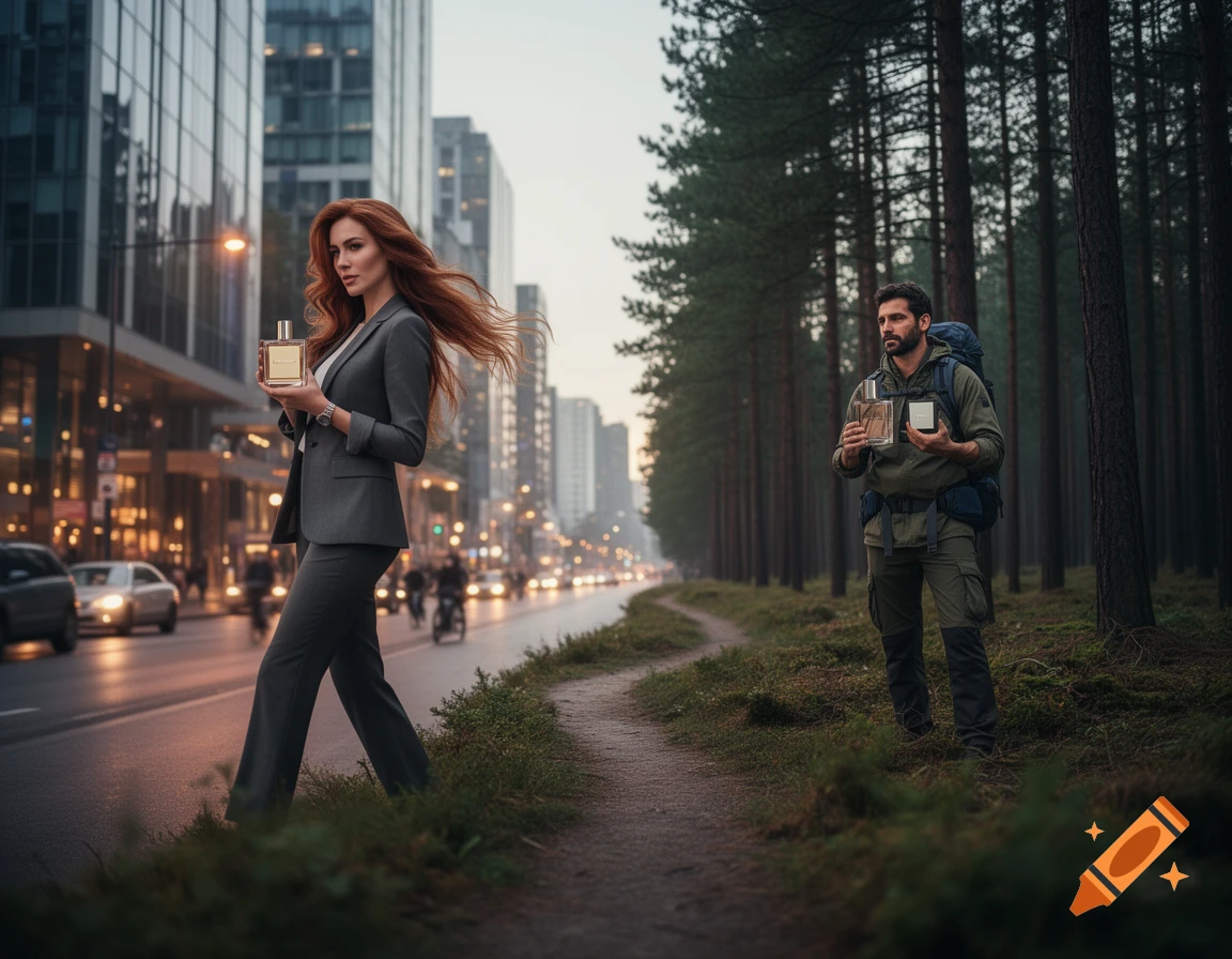A woman in a grey suit walks on a city street holding a perfume bottle, and a man in hiking gear stands in a forest holding a similar bottle.