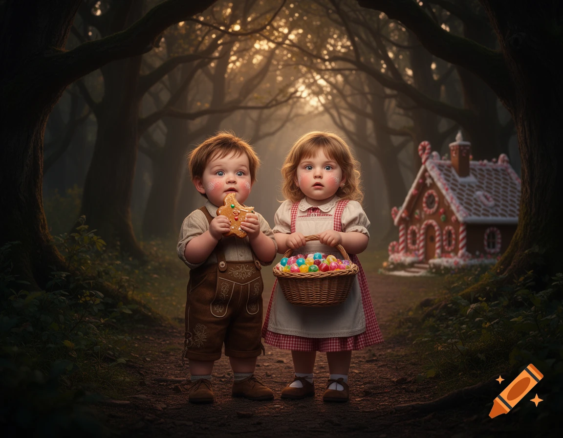Two chubby children, one holding a gingerbread man and the other a basket of candy, stand in a dark, mystical forest with a gingerbread house in the background.