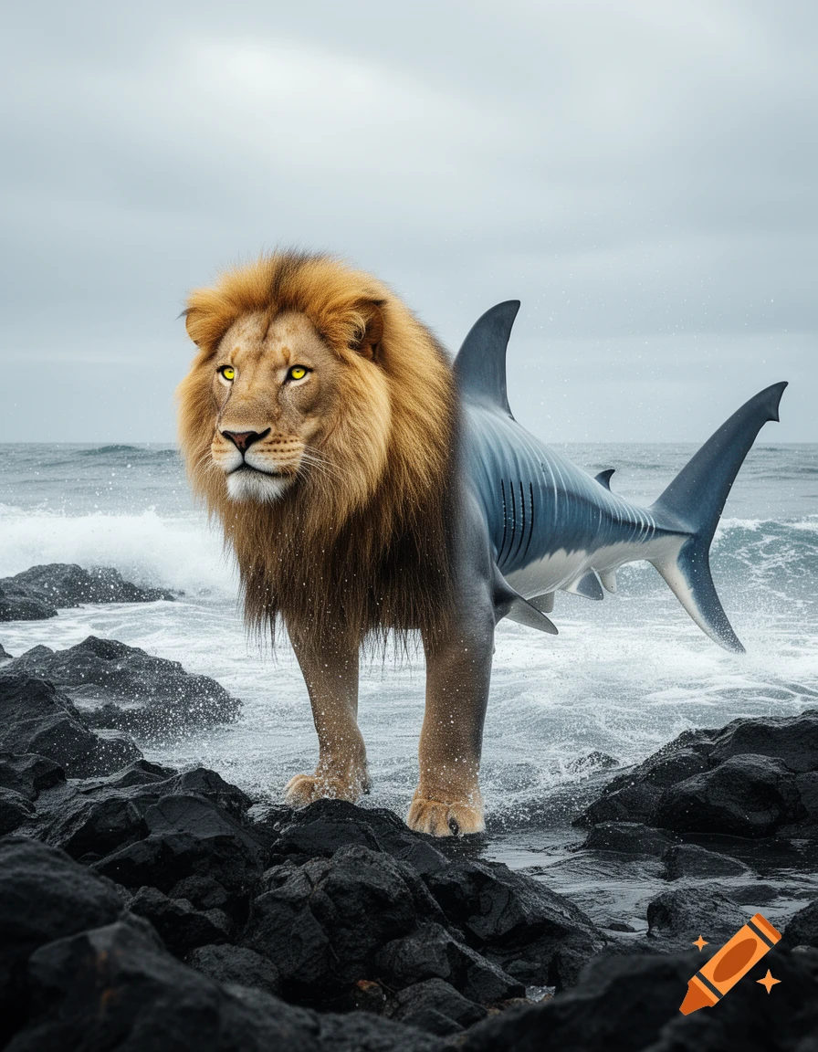 Photorealistic lion-shark hybrid creature standing on dark rocks in the ocean with waves and a cloudy sky.