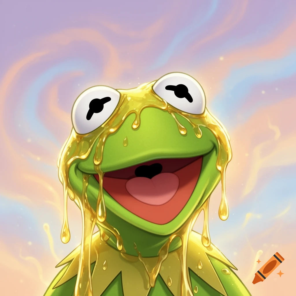 A close-up of Kermit the Frog with a wide smile, covered in dripping yellow liquid, against a pastel sky.
