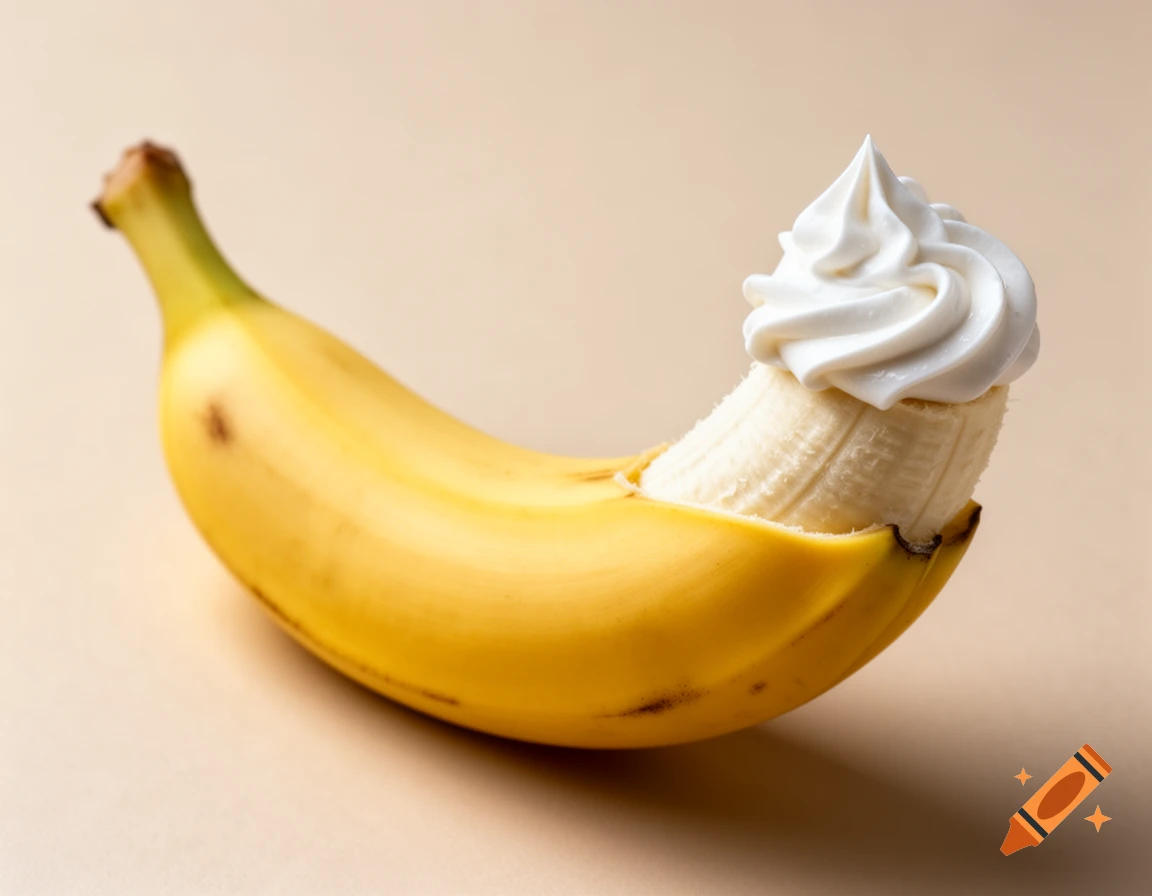 A photorealistic close-up of a half-peeled banana with a dollop of whipped cream on its exposed tip, on a neutral background.