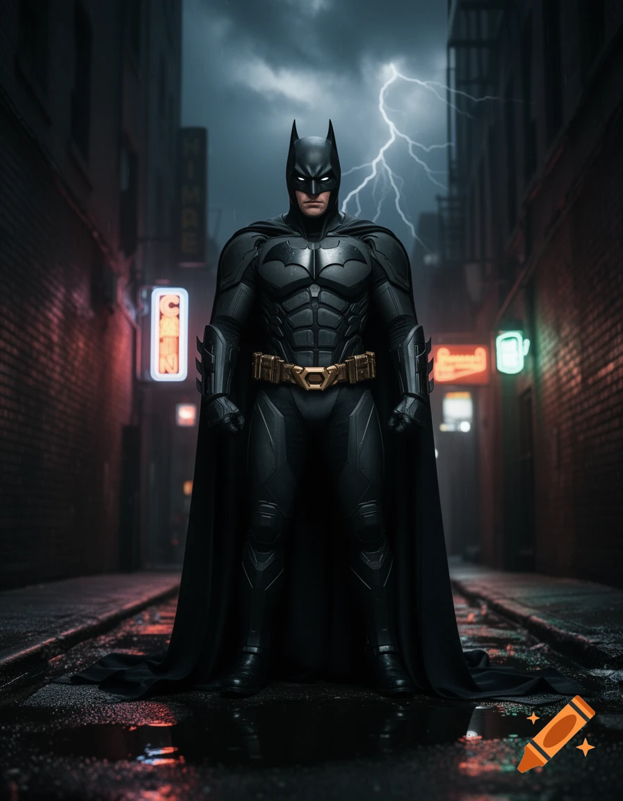 Batman stands in a dark, wet alley with neon signs and a lightning strike in the cloudy sky, looking directly at the viewer.