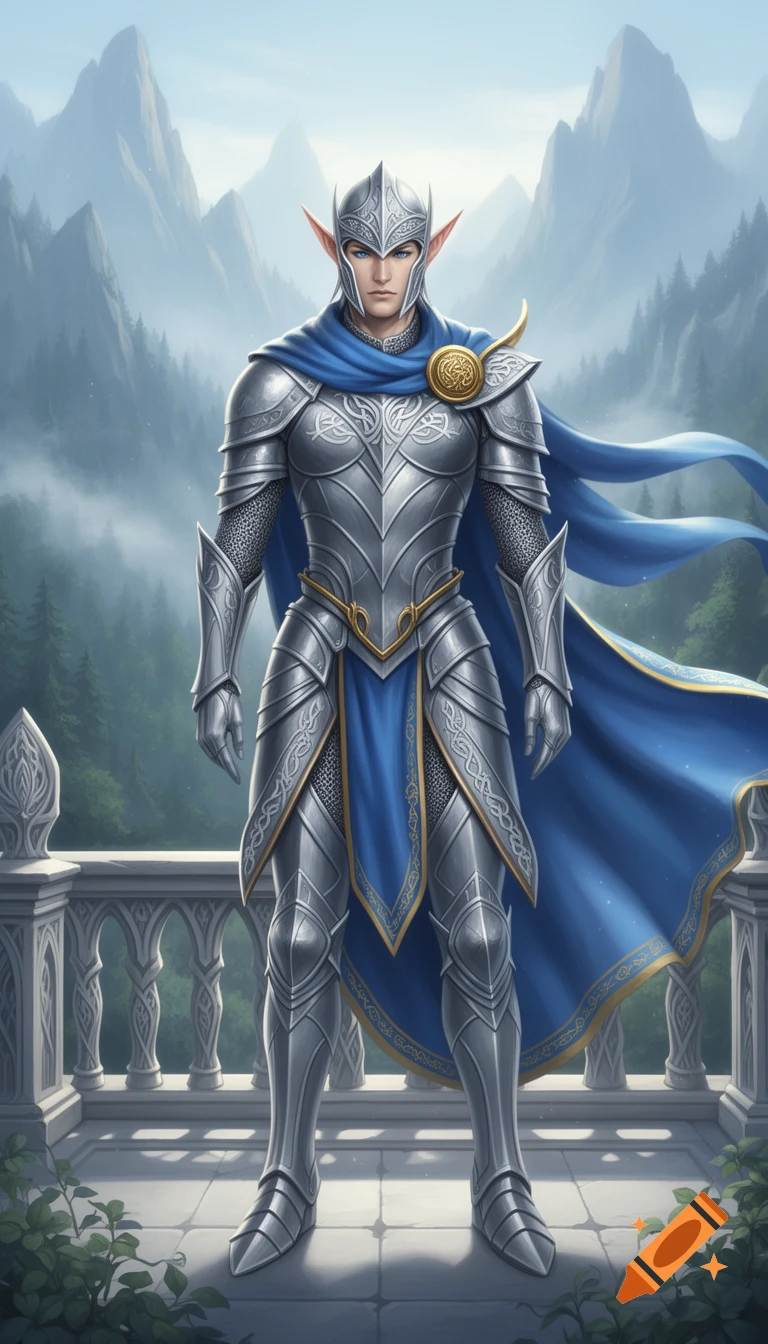 A handsome elf paladin in silver armor and a blue cape stands on a palace terrace overlooking misty mountains, digital illustration.