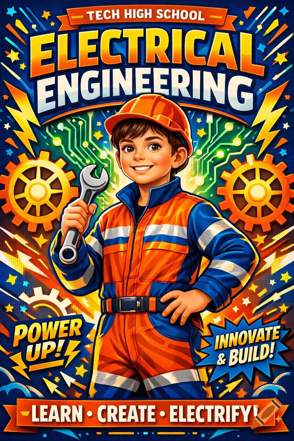 Pop-art style poster for electrical engineering showing a smiling boy in a hard hat and uniform holding a wrench, with circuit patterns and gears.