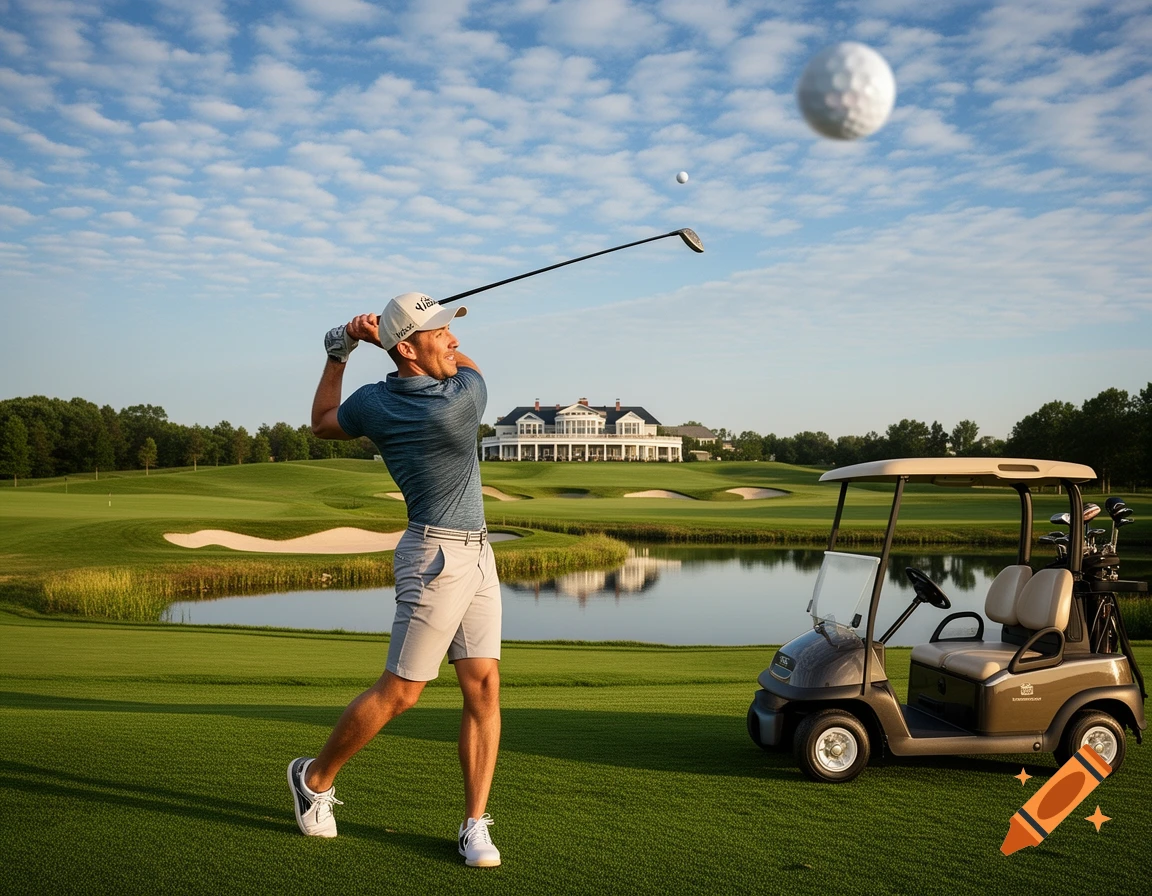 A man in a blue polo shirt and shorts swings a golf club on a green course, with a golf ball flying high. A golf cart and a large building are in the background.