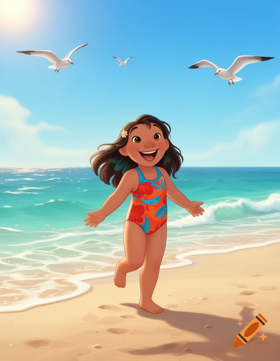 A happy cartoon girl with dark hair and a flower runs barefoot on a sunny beach in an orange and blue swimsuit, with seagulls flying.