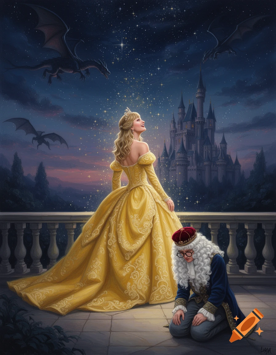 A princess in a yellow gown on a castle balcony gazes at a starry sky with dragons, while a prince kneels before her.