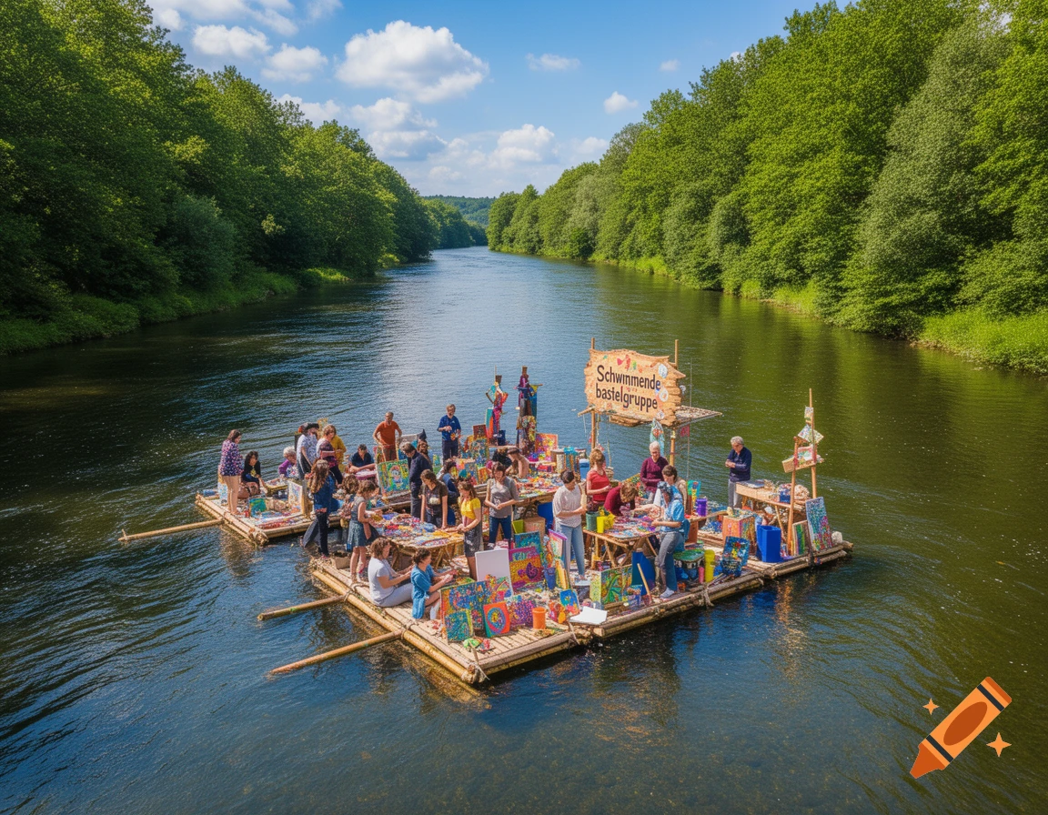 A group of people on a bamboo raft on a river, surrounded by lush green trees, engaged in crafting activities under a clear blue sky.