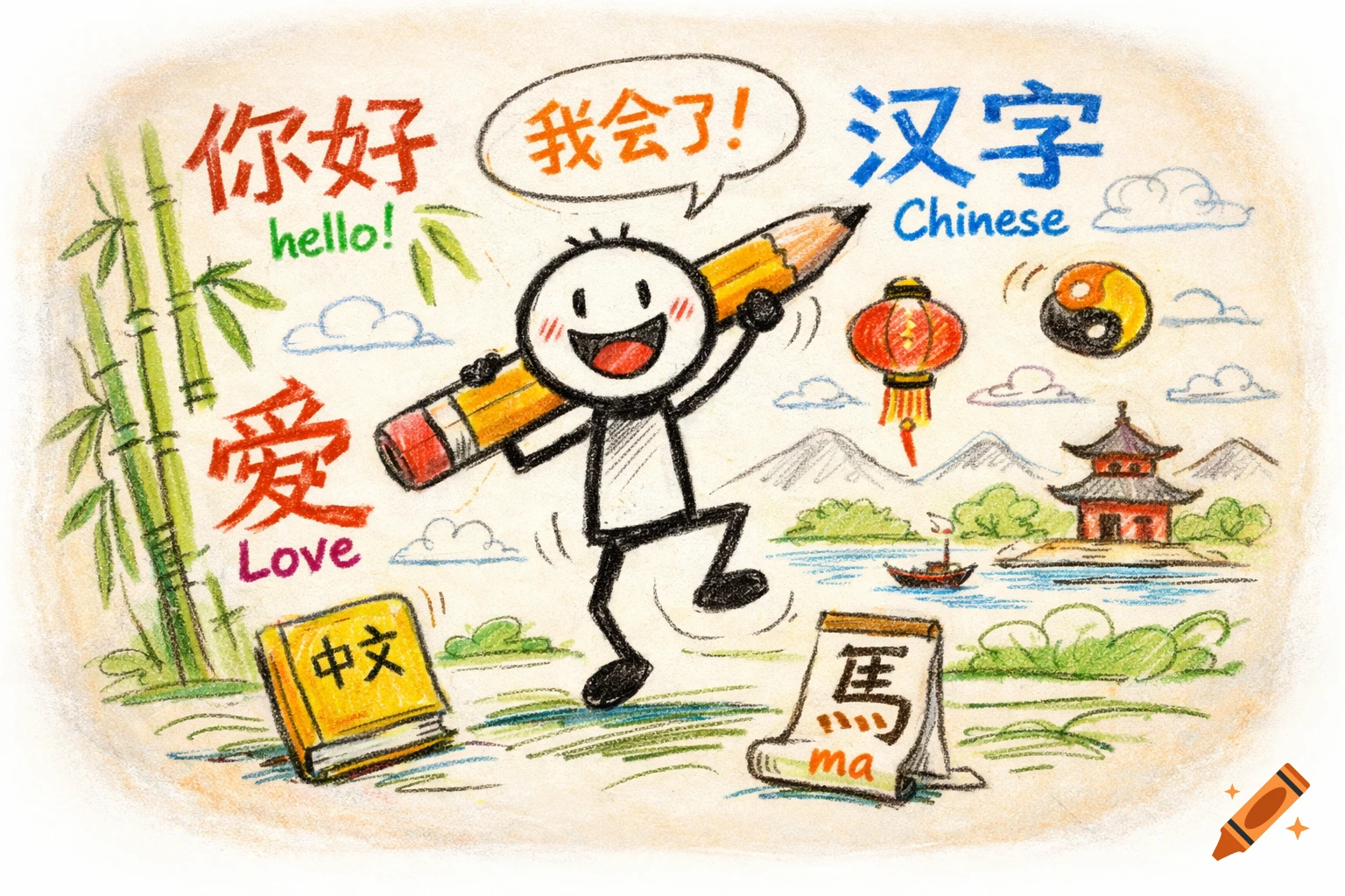 A colorful crayon sketch of a happy stick figure holding a pencil, surrounded by Chinese characters and cultural symbols representing learning Chinese.
