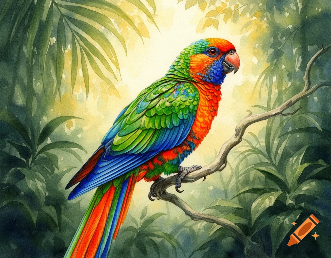 A vibrant watercolor painting of a colorful parrot with green, blue, orange, and red feathers, perched on a branch in a lush jungle.