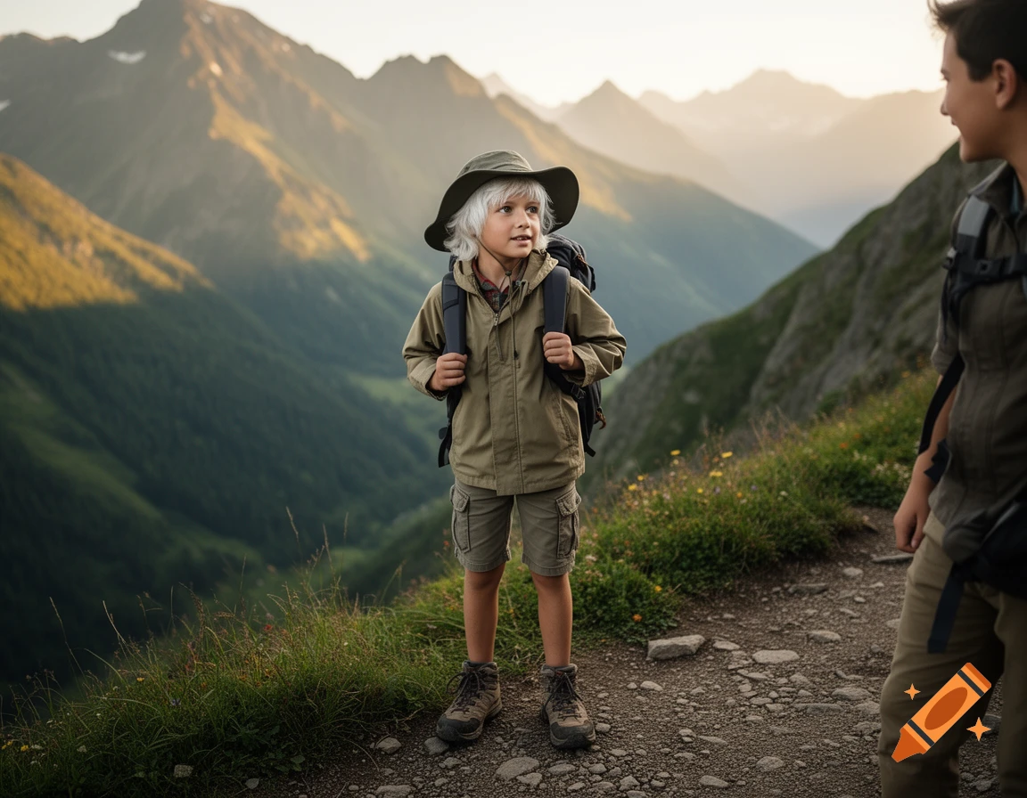 A white-haired child in a hat and backpack stands on a mountain trail, looking at the distant peaks, with another hiker nearby.