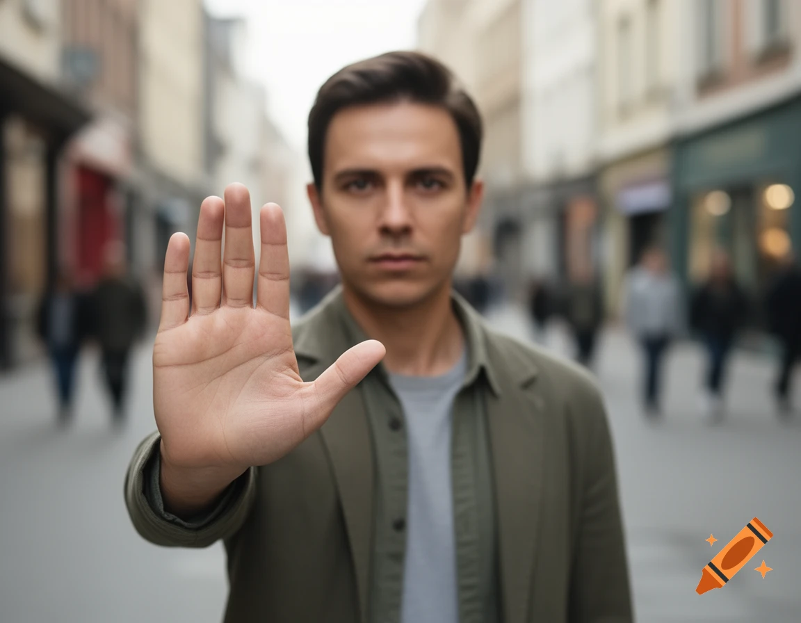 Photorealistic image of a man with a neutral expression holding his hand up in a stop gesture on a blurred city street.