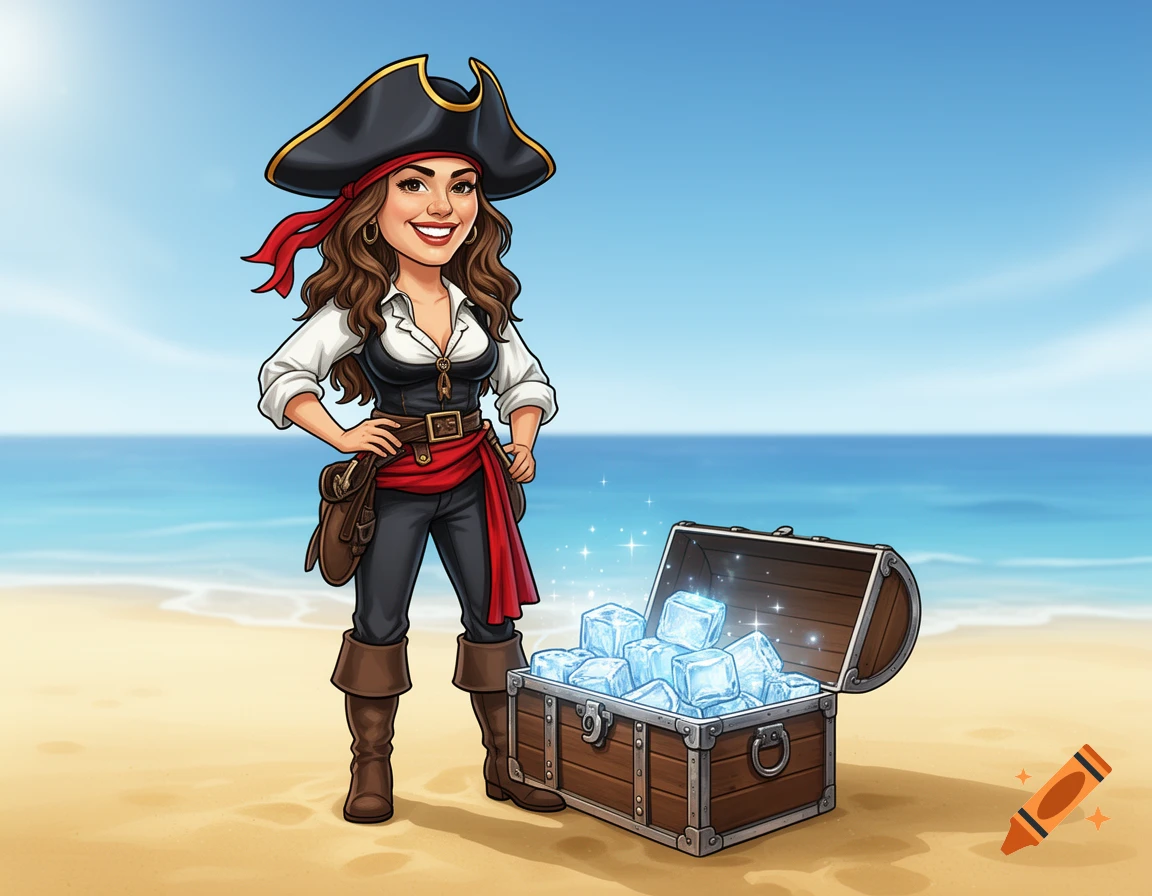 A confident female pirate cartoon illustration stands on a sunny beach next to a treasure chest filled with sparkling ice.