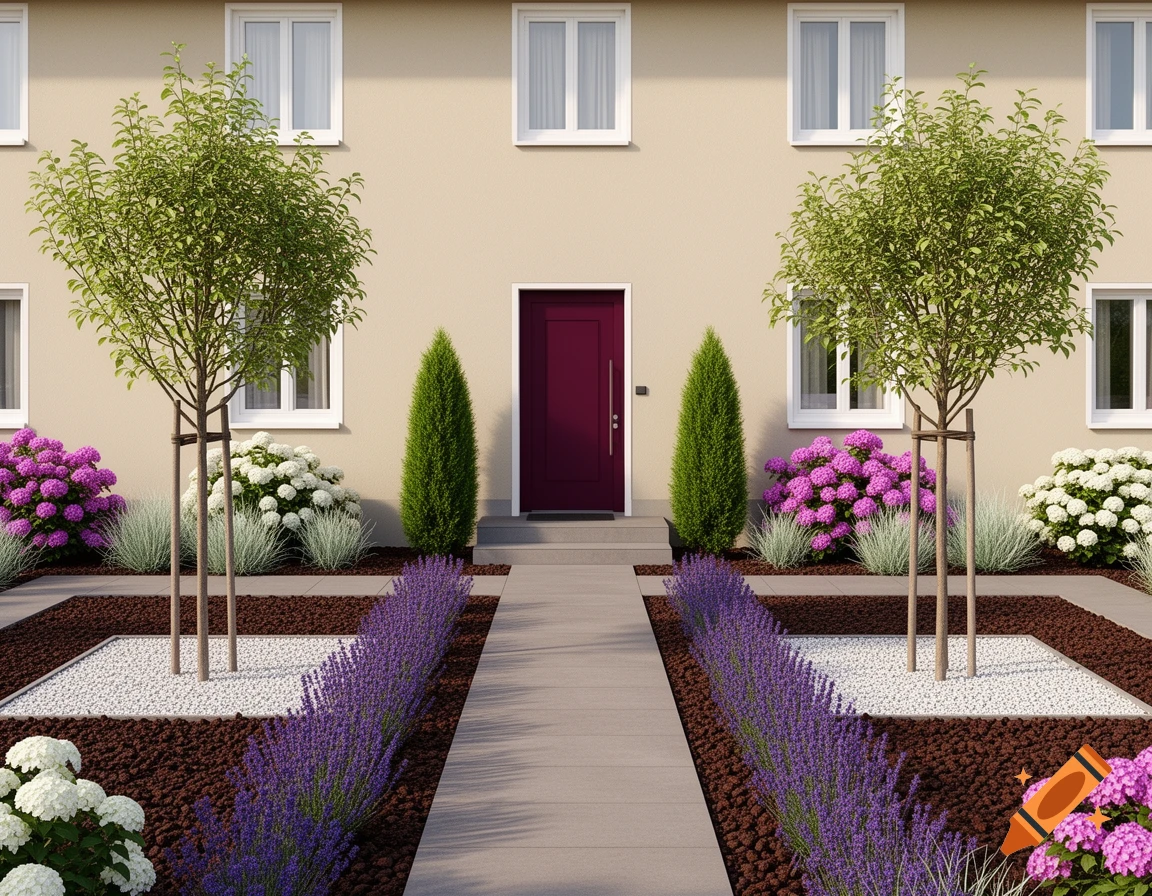 Photorealistic front view of a modern beige German house with a wine-red door and a symmetrical, meticulously designed garden with lavender, trees, and flowers.