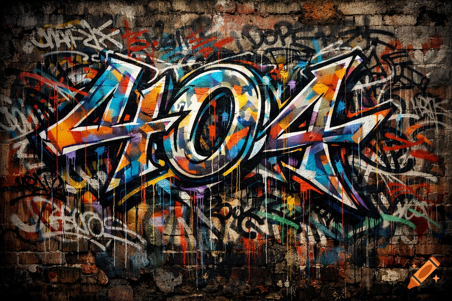 Colorful '404' graffiti in wildstyle on a distressed brick wall with paint drips, splashes, and layered tags.