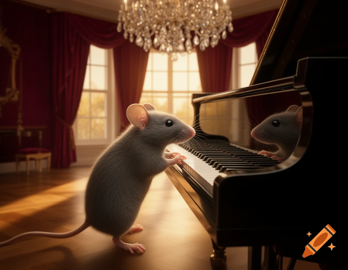 A photorealistic mouse plays a grand piano in a luxurious room with red curtains and a sparkling chandelier.