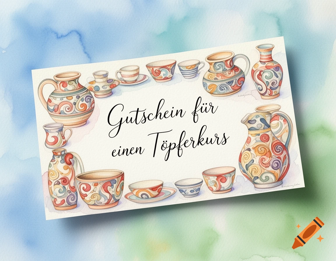 Watercolor painting of a voucher for a pottery course, adorned with various decorated pottery items against a blue and green background.