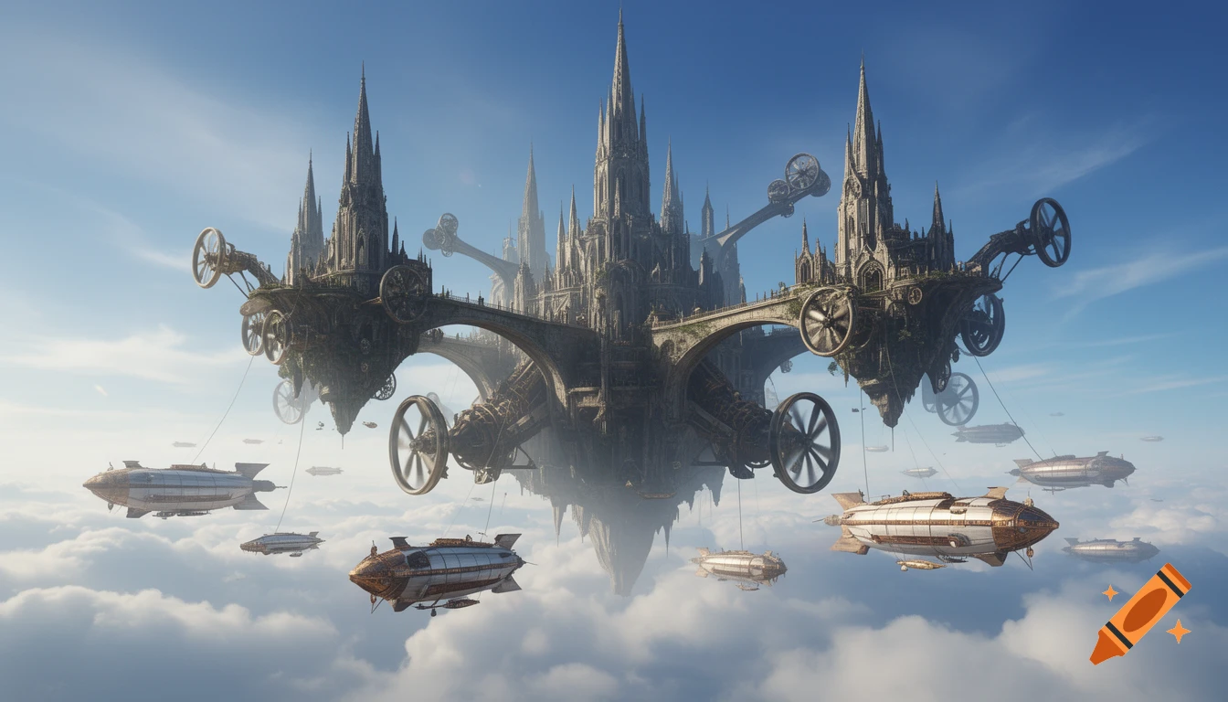A large steampunk flying city featuring gothic architecture and propellers, with numerous airships navigating the sky above the clouds.