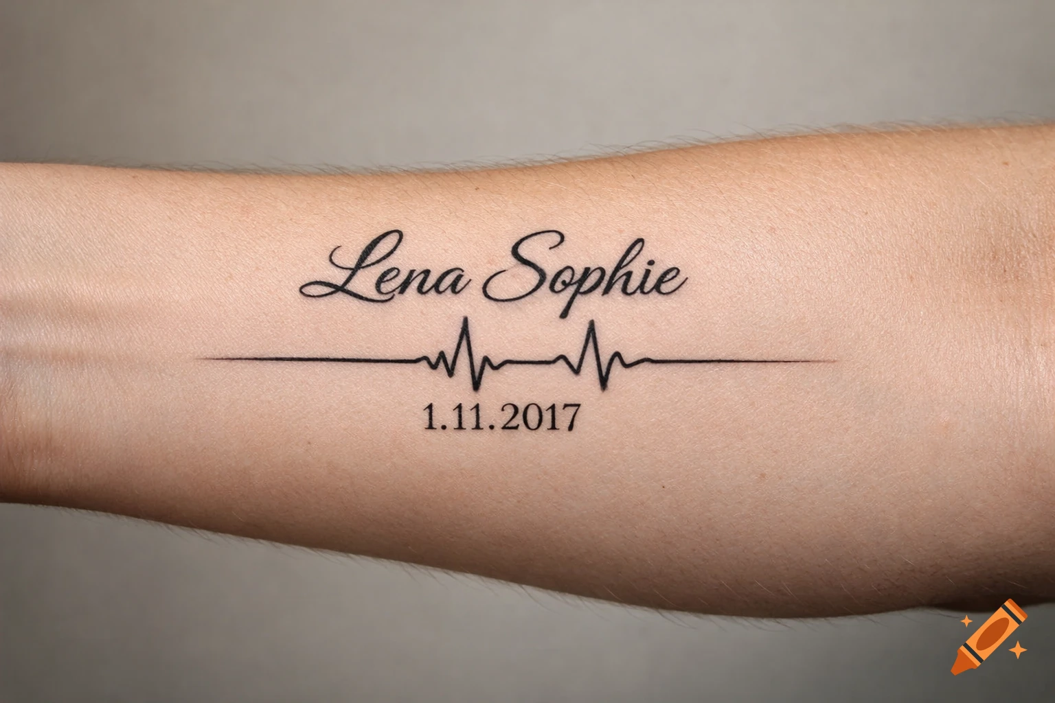 A realistic tattoo on a forearm featuring the name Lena Sophie, a heartbeat line, and the date 1.11.2017.