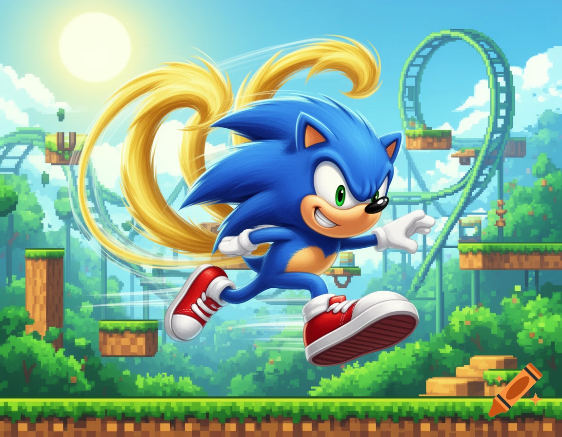Sonic the Hedgehog running in a vibrant pixel art video game level with loops and platforms under a bright sun.