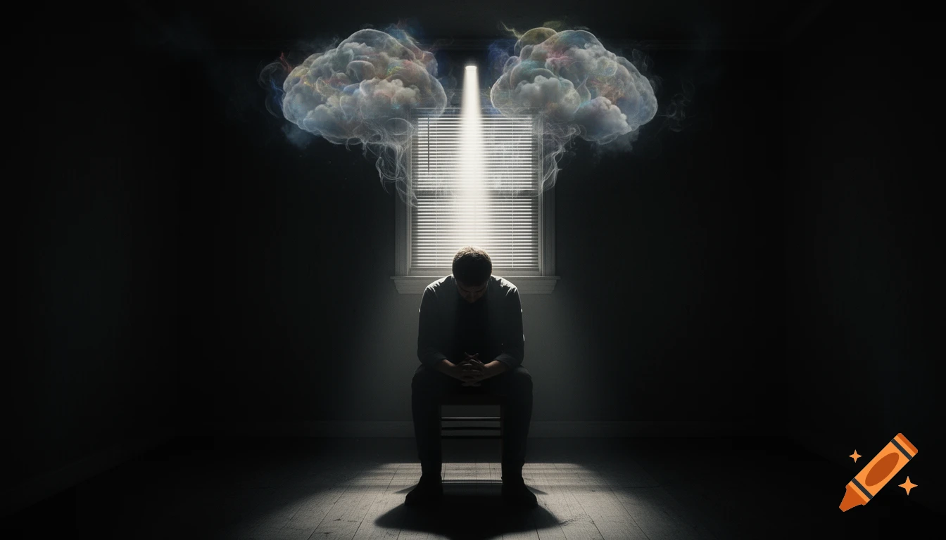 A person sits in a dark room, illuminated by a beam of light from a window, with colorful, smoky thought clouds above their head.