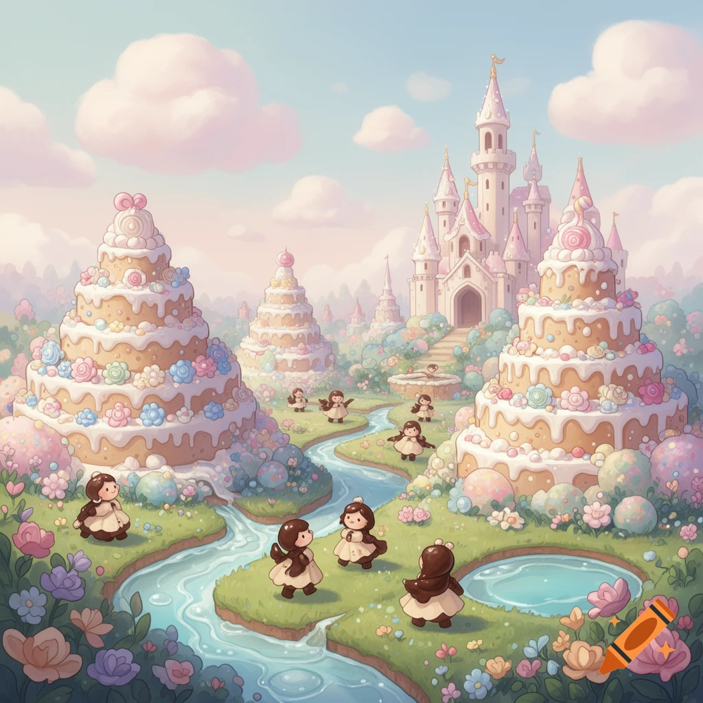 Whimsical pastel fantasy landscape featuring a pink castle, river, and large tiered cakes adorned with candy, with small doll-like figures.