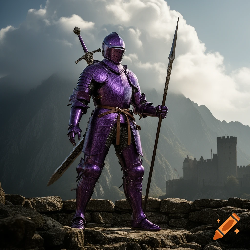 A powerful knight in shiny purple armor, holding a spear and carrying a greatsword, stands on a rocky outcrop overlooking a castle and mountains.