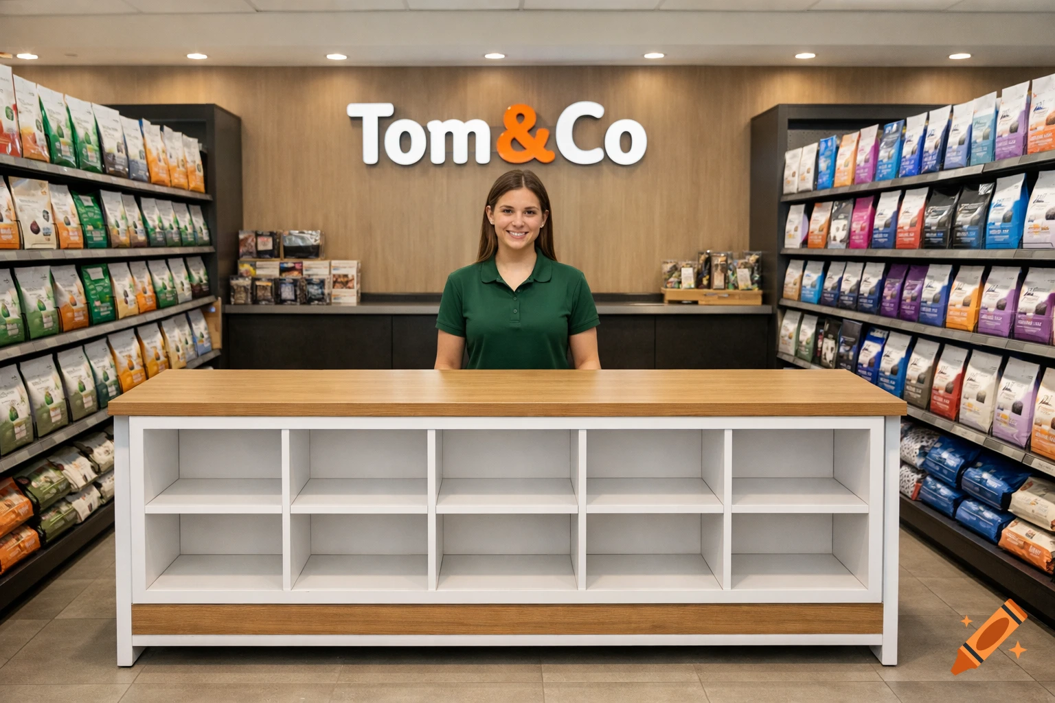 Smiling employee behind a counter in a modern pet store with shelves of pet food and a 'Tom&Co' sign.