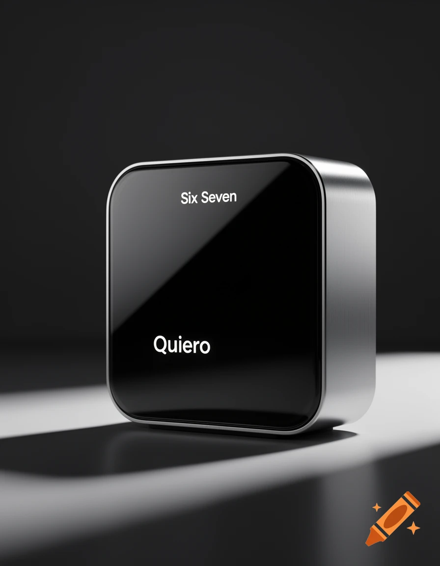 A sleek, black and silver modern electronic device with a reflective screen displaying "Six Seven" and "Quiero".