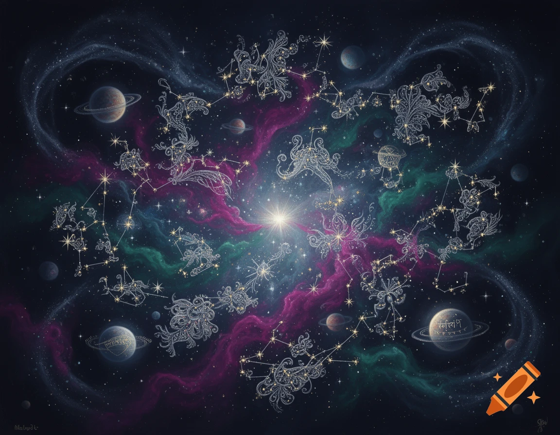 A stylized fantasy star map with glowing ornate constellations, colorful nebulae, and planets with faint text in deep space.