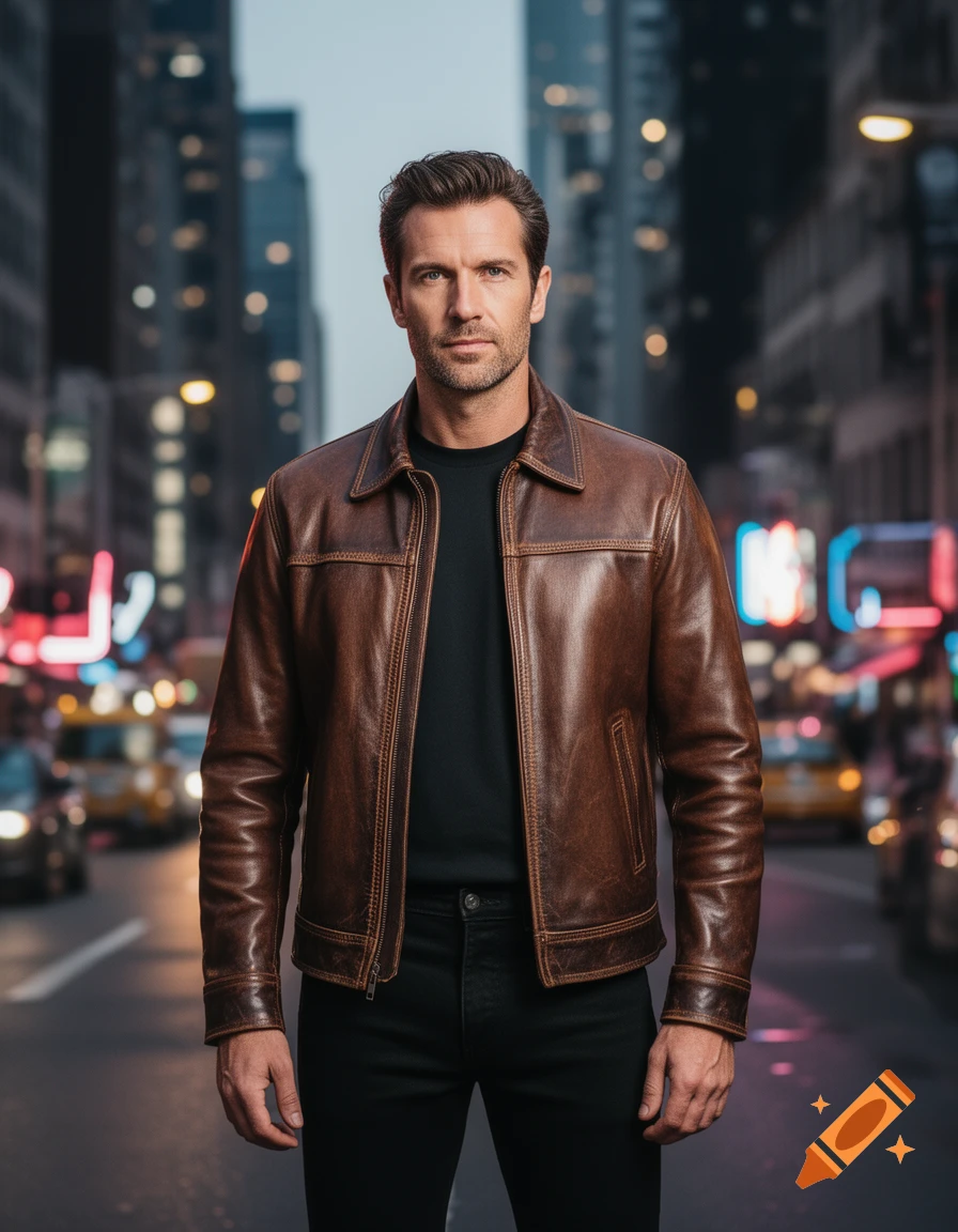 A man in a brown leather jacket and black clothing stands on a city ...