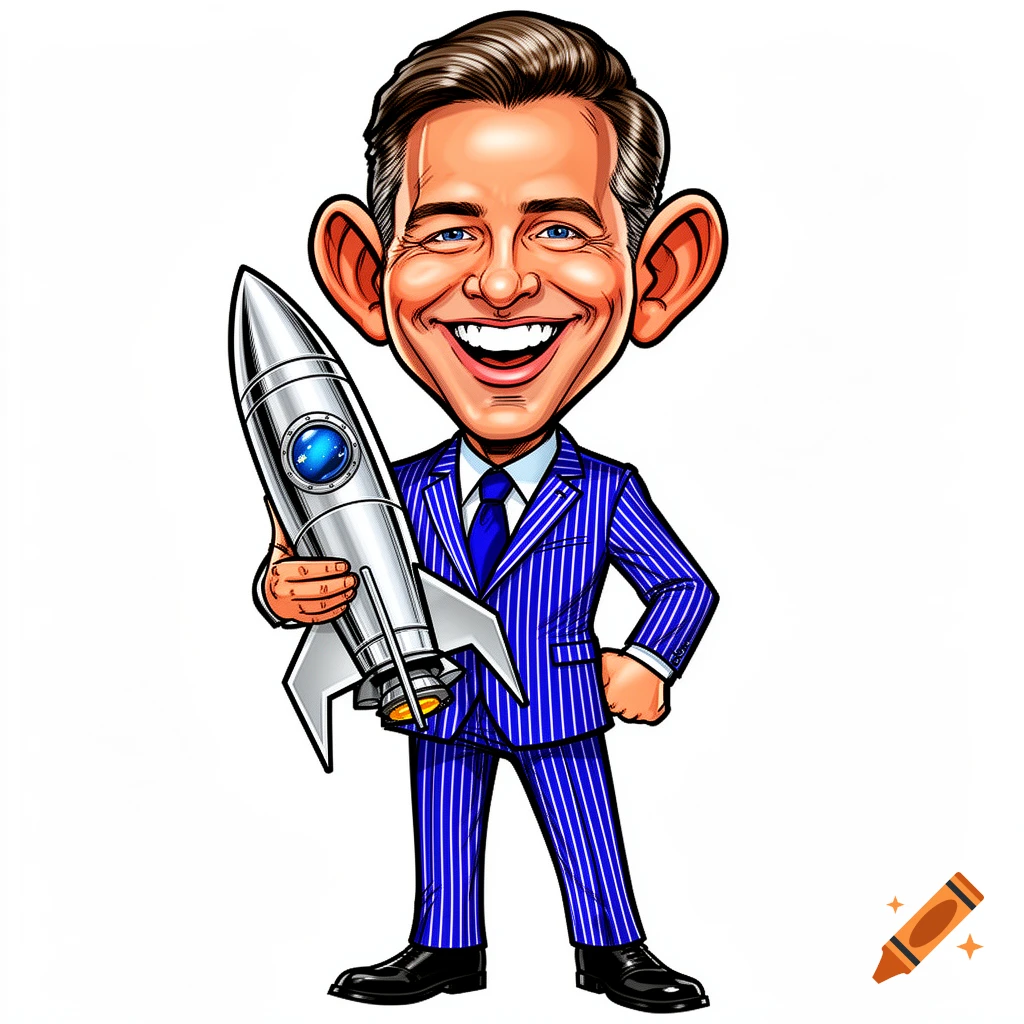 Cartoon caricature of a man with big ears and a wide grin, dressed in a blue pinstripe suit, holding a silver space rocket, comic book style.