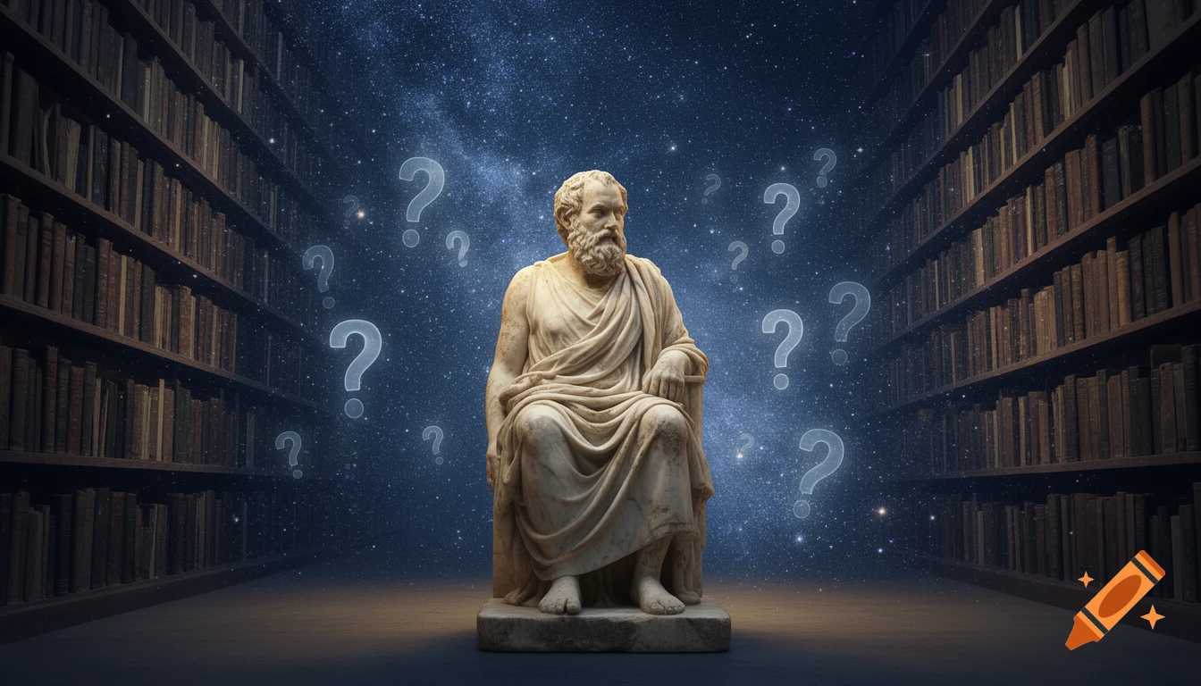 A statue of Socrates sits contemplatively in a library merging into a starry cosmos, with glowing question marks floating around him.