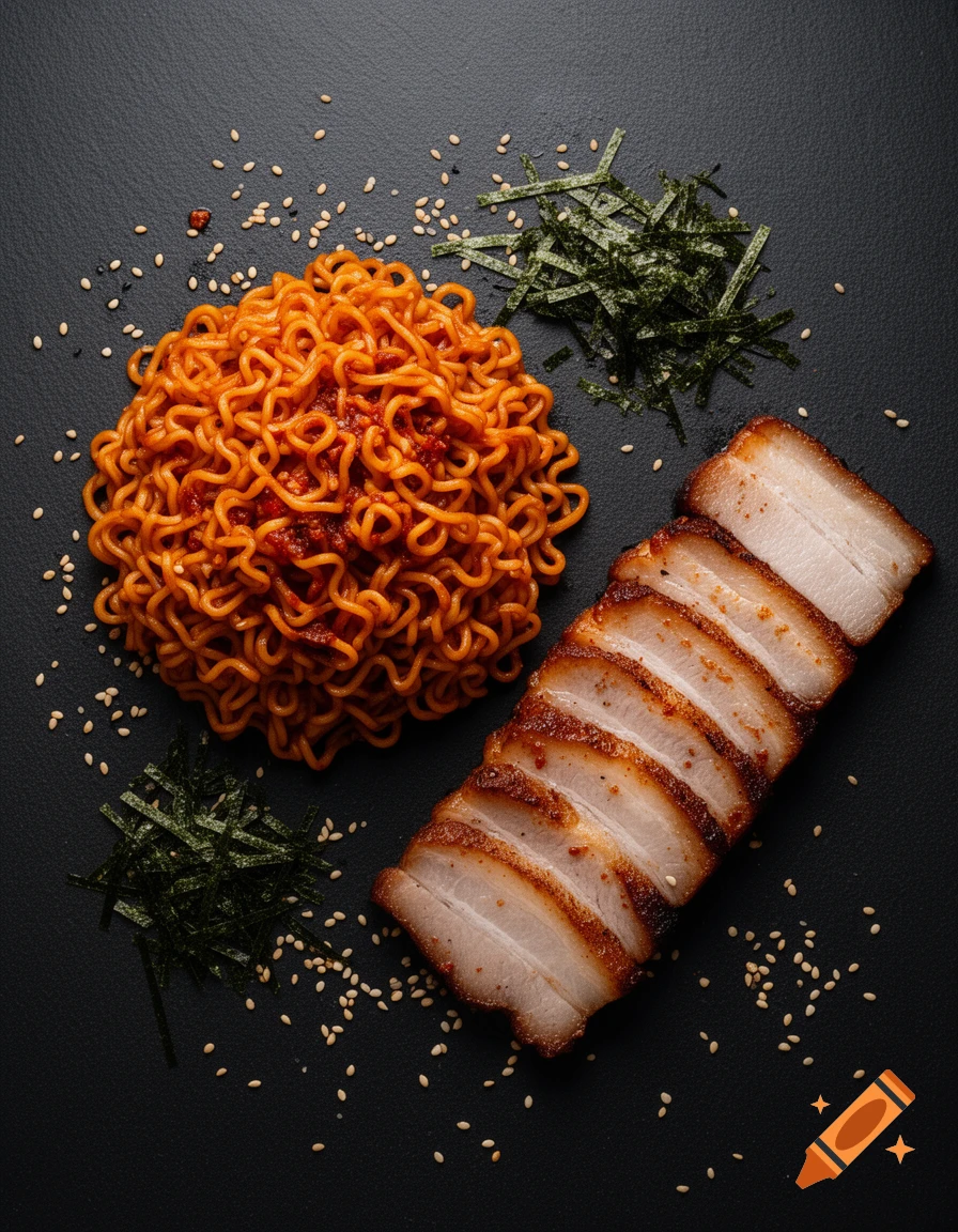 Overhead shot of spicy ramen noodles, grilled pork belly slices, sesame seeds, and dried seaweed on a dark slate surface, photorealistic.