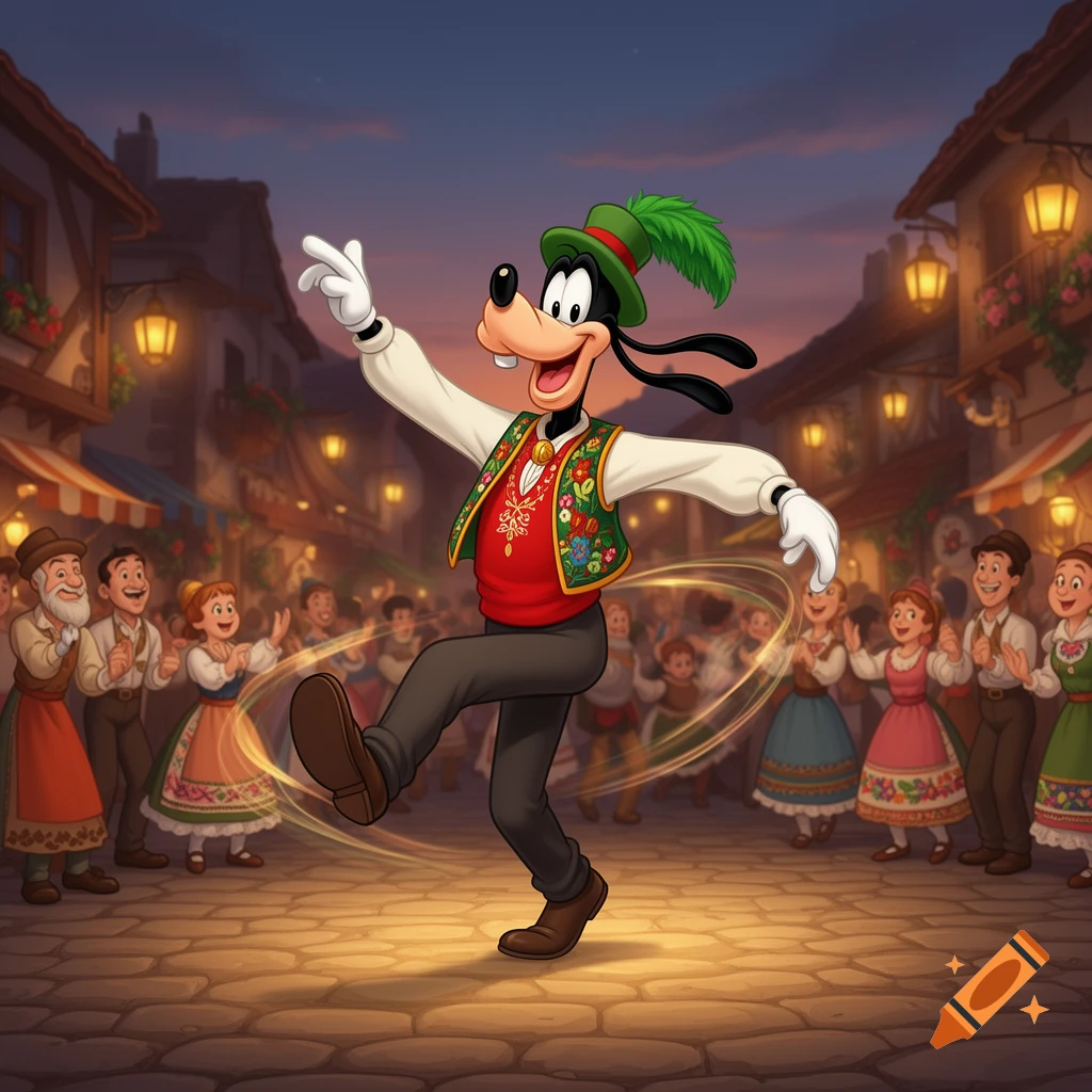 Goofy dances in a green feathered hat and embroidered vest at a lively evening street festival with people in traditional attire.