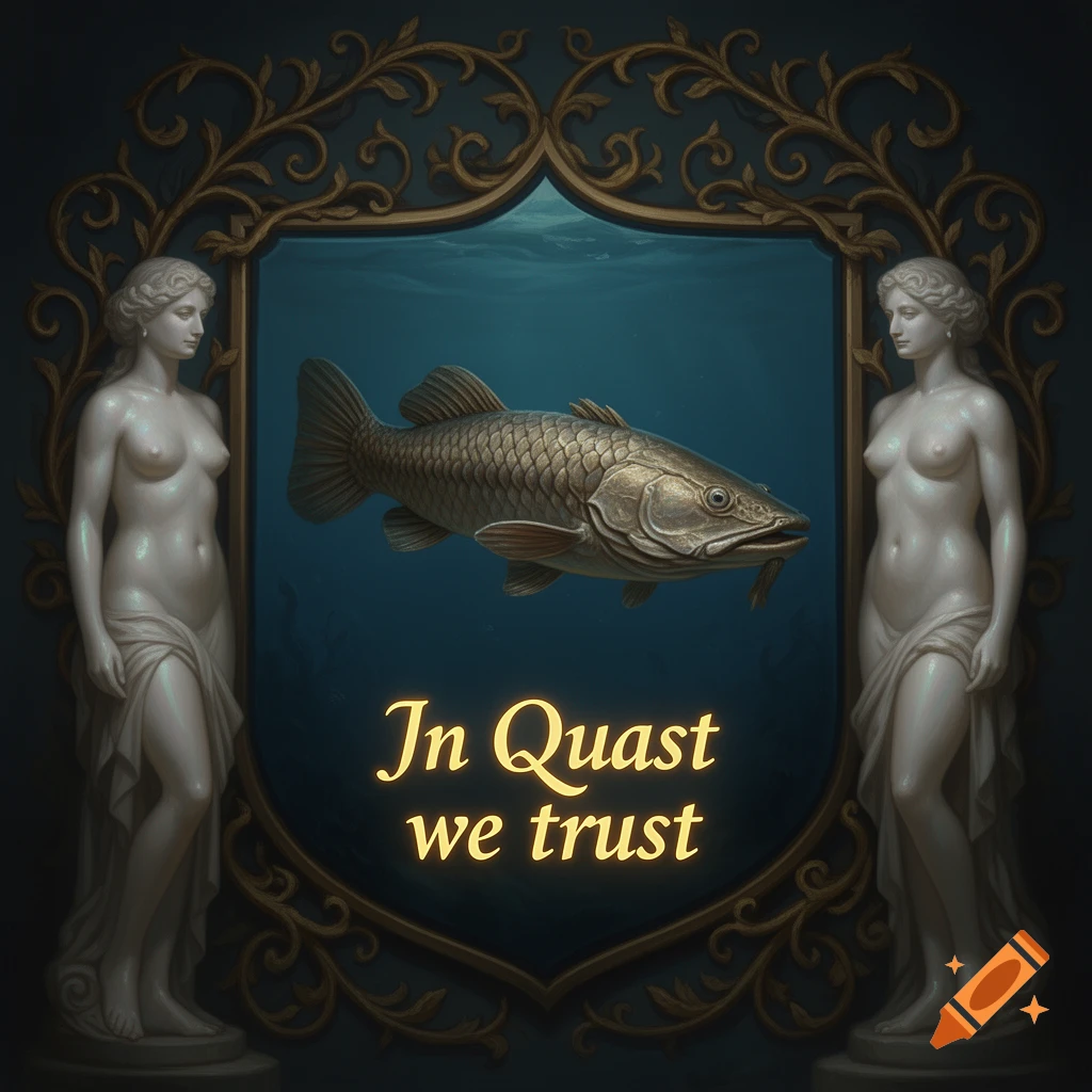 A heraldic emblem featuring a fish in a shield, flanked by two nude female statues, with 'In Quast we trust' written below.