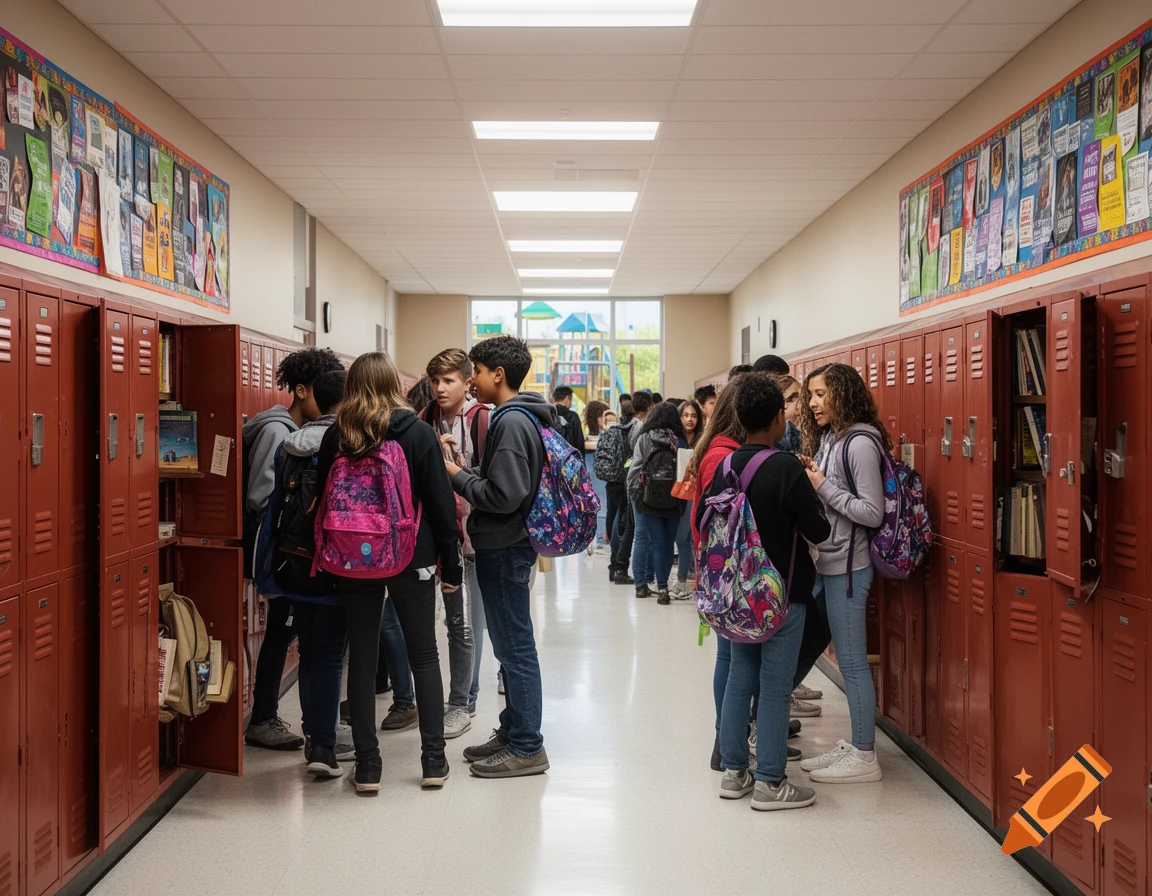 A diverse group of teenagers stands and talks in a crowded school hallway lined with red lockers and colorful posters, a playground visible outside at the end.
