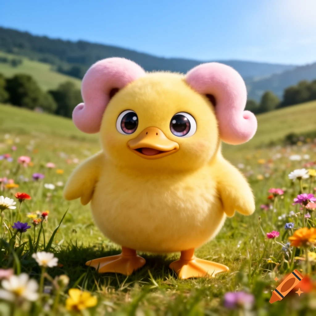 A cute, fluffy yellow duck-like creature with large pink curled ears stands in a sunny field of colorful wildflowers.