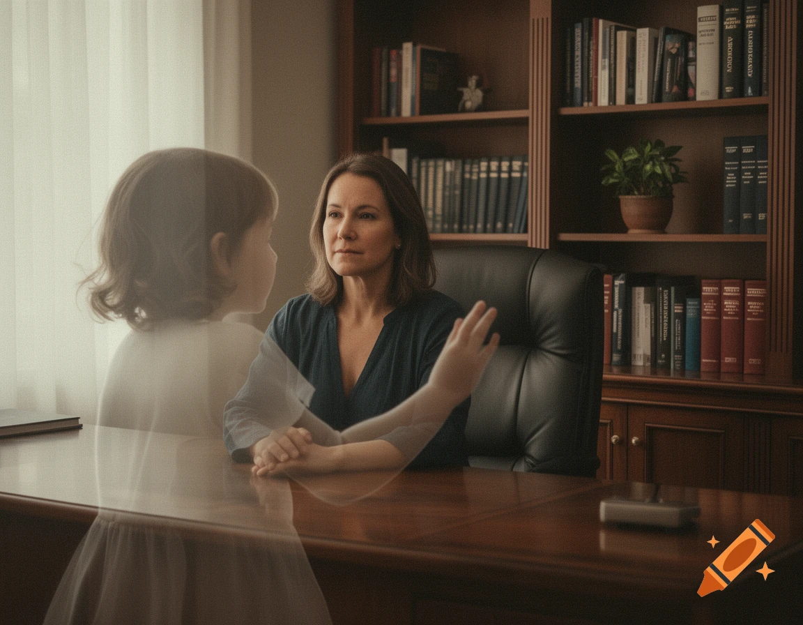 A thoughtful woman in an office looks at a faint, translucent child across a desk, with bookshelves in the background.