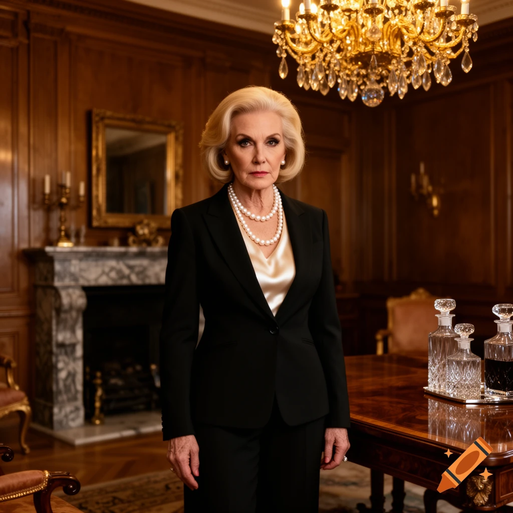 An older woman with blonde hair in a black suit and pearl necklace stands with a serious expression in a luxurious wood-paneled room.
