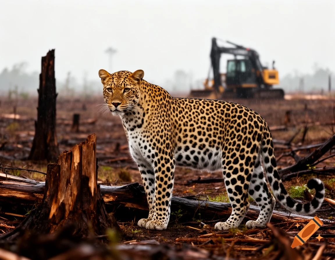 A photorealistic image of a leopard standing in a deforested landscape with an excavator in the foggy background.