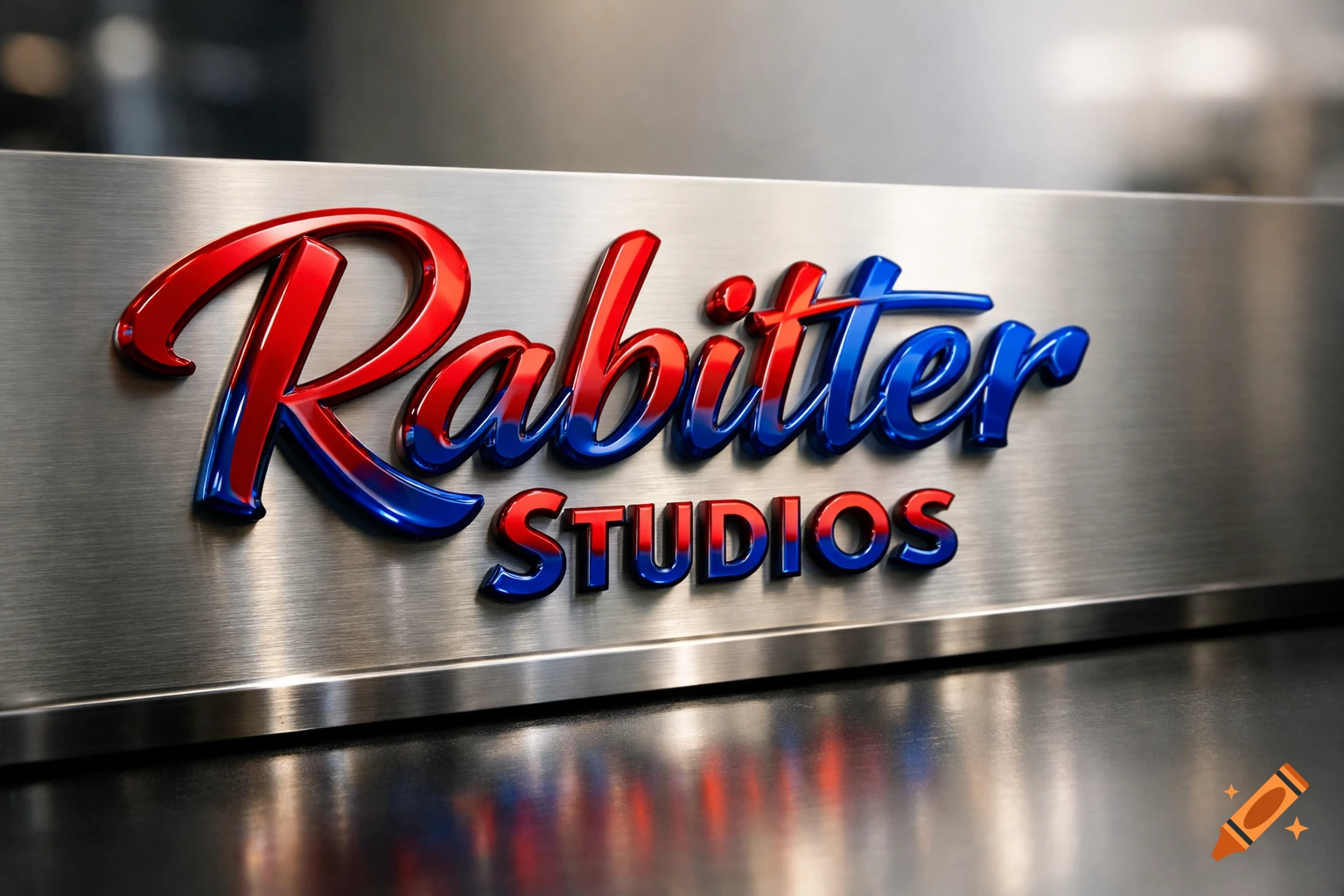 3D glossy red and blue text 'Rabitter STUDIOS' on a brushed metallic background.