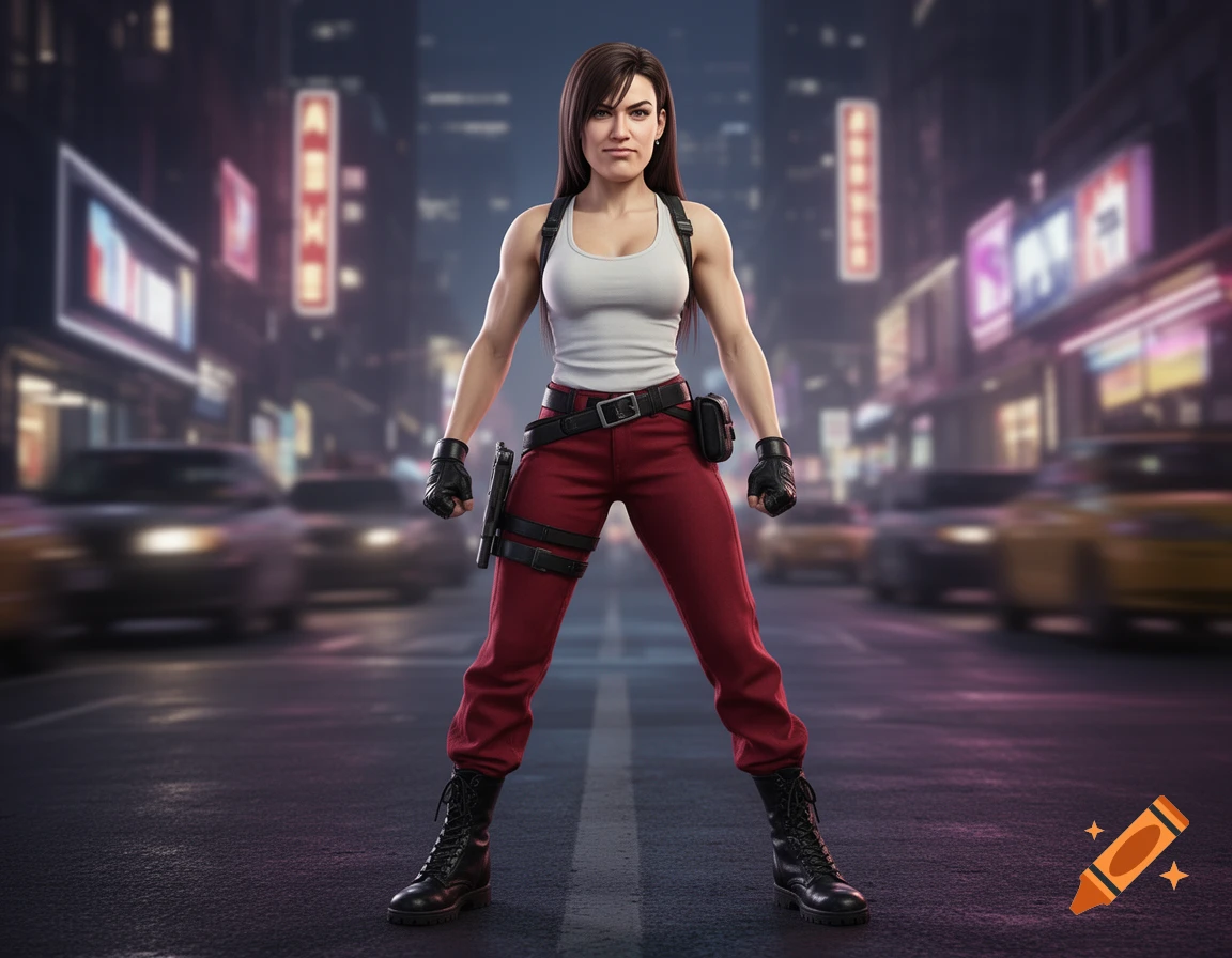 Tifa Lockhart stands confidently on a dark, neon-lit city street.