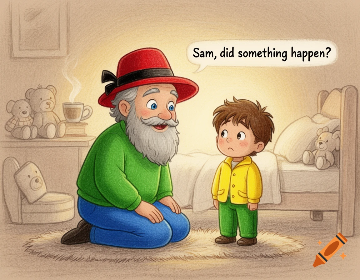 Child-like drawing of a bearded man in a red hat kneeling by a boy's bed, talking to him in a warm bedroom.